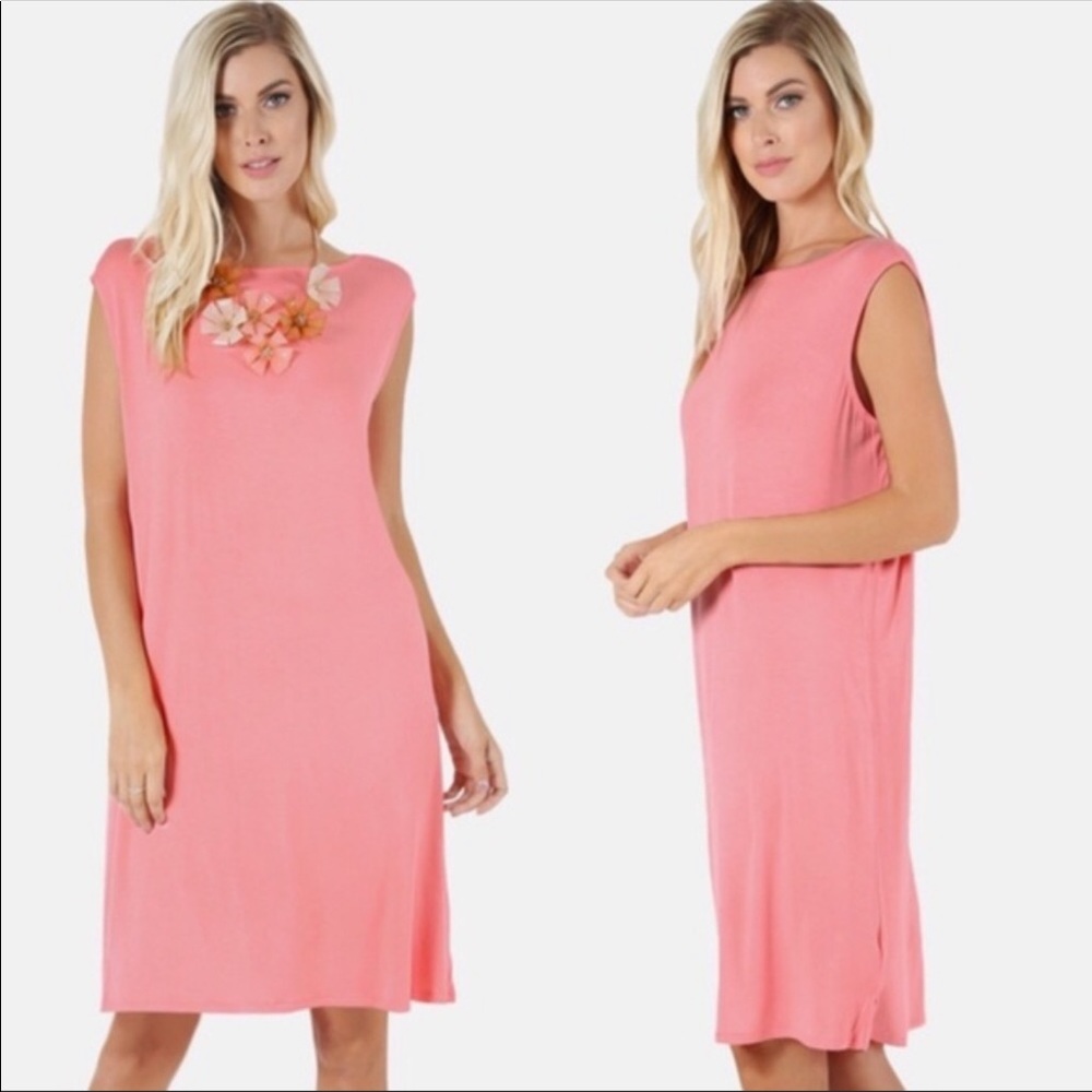 Rayon Knee Length Tank Dress Pink